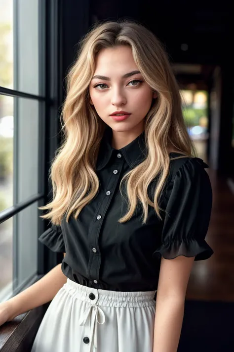 photo of (EPJOBr0wn:0.99), closeup portrait, perfect hair, (modern photo, black Frilled button-up shirt tucked into a flowy chiffon long skirt with wedges), 24mm, (analog, cinematic, film grain:1.3), ((plain texture, gradient:1.1)), ((detailed eyes)), (seductive pose), (epicPhoto), long eyelashes, (perfect waist), (painted lips)