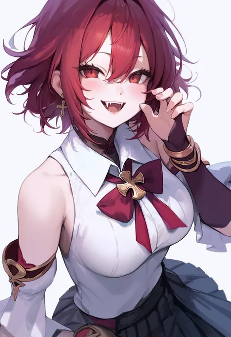 score_9, score_8_up, score_7_up, score_6_up, <lora:DPOXL:1> <lora:fengXLJS2_lokr_V12:1> 1girl, solo, jewelry, red hair, skirt, red eyes, white background, shirt, black skirt, looking at viewer, bare shoulders, simple background, earrings, white shirt, smile, fangs, open mouth, sleeveless, pleated skirt, breasts, blush, detached sleeves, short hair, cowboy shot, bangs, cross, bridal gauntlets, hair between eyes, sleeveless shirt, bracelet, teeth