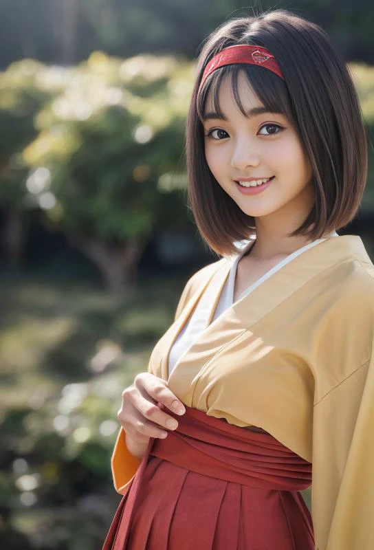 <lora:Erika:0.9>,Erika,yellow kimono, hakama,red hairband,
best quality ,masterpiece,ultra high res,(photo realistic:1.4),looking at viewe,smile,1girl,18yo,standing ,
japanses famous actress, very beautiful,(kawaii:1.2), dark color hair,
break Cinematic, 35mm lens, f/ 1. 8, accent lighting, 8k,cowboy shot,