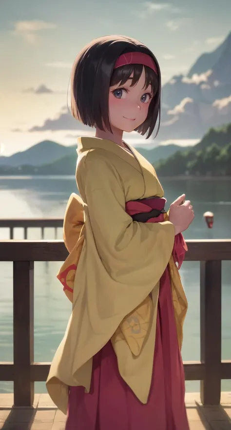 masterpiece, best quality, absurdres, illustration, 8k, realistic shadows, blush, detailed shadows, skindentation, detailed eyes, realistic, hdr, cinematic lighting, cowboy shot, shiny skin,
erika, 1girl, solo, light smile, kimono, hairband, skirt
outdoors, lake, mountainous horizon, cloudy sky, day, pier, railing,