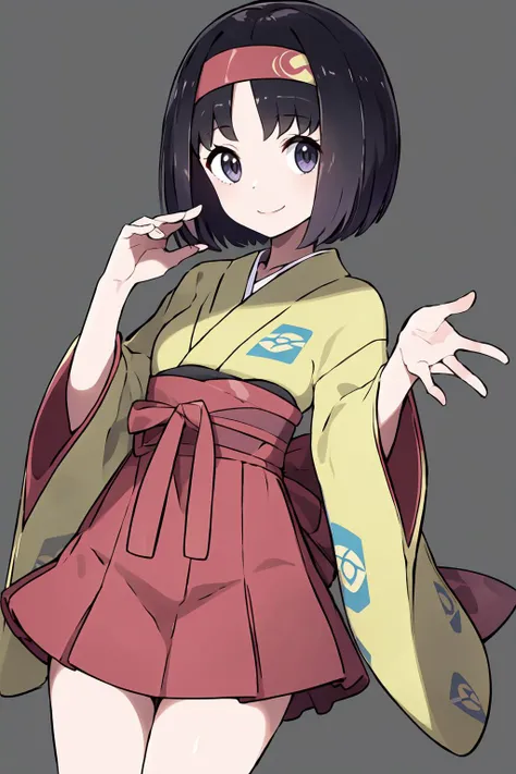 masterpiece, best quality, looking at viewer, <lora:PokemonV2:1>, generation 9, <lora:Erika:0.7>, erika, 1girl, solo, light smile, kimono, hairband, skirt