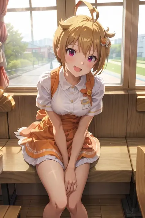 absurdres, highres, masterpiece, best quality, 
tsubasa ibuki (million live), 
amsc, waitress, 1girl, orange skirt, orange apron, short sleeves,  medium large breasts, uniform, white shoes, 
smile, looking at viewer, 
restaurant, window, wooden table, 
<lora:Tsubasa_Ibuki:1.0>,<lora:AMSC:0.5>, <lora:more_details:0.3>