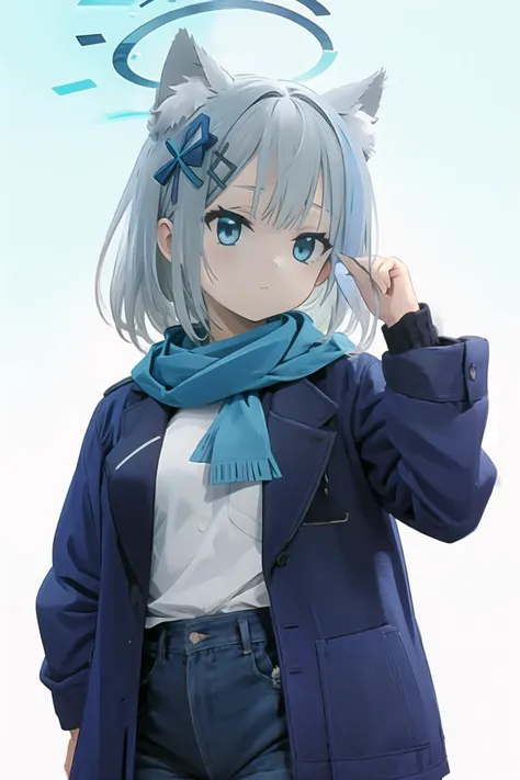 (masterpiece),best quality,<lora:baizi_new:0.75>,shiroko (blue archive),1girl,shiroko (blue archive),hair ornament,extra ears, medium hair,blue eyes, blue scarf,black jacket,blue jacket, open clothes,