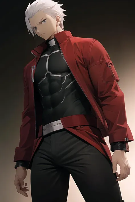 (masterpiece),best quality,<lora:fate_archer-10:0.75>,archer \(fate\),dark skin,dark-skinned male,muscular,white hair,grey eyes,red cropped jacket,long sleeves,black shirt,black pants,