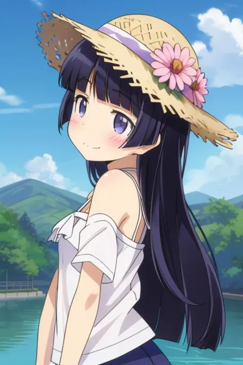 masterpiece, best quality, highres,1girl,<lora:Oreimo_gokou ruri:0.7>,gokou ruri,straw hat,blush,white summer derss, shy pose,dynamic angle,sunshine,cloud,river,smile,<lora:GoodHands-vanilla:0.8> <lora:anmnr01:0.3> <lora:add_detail:0.5>