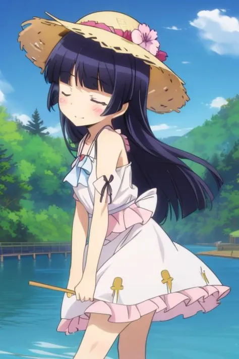 masterpiece, best quality, highres,1girl,<lora:Oreimo_gokou ruri:0.7>,gokou ruri,big straw hat,blush,white summer derss, shy pose,dynamic angle,sunshine,cloud,river,one eye closed,<lora:GoodHands-vanilla:0.8> <lora:anmnr01:0.3> <lora:add_detail:0.5>