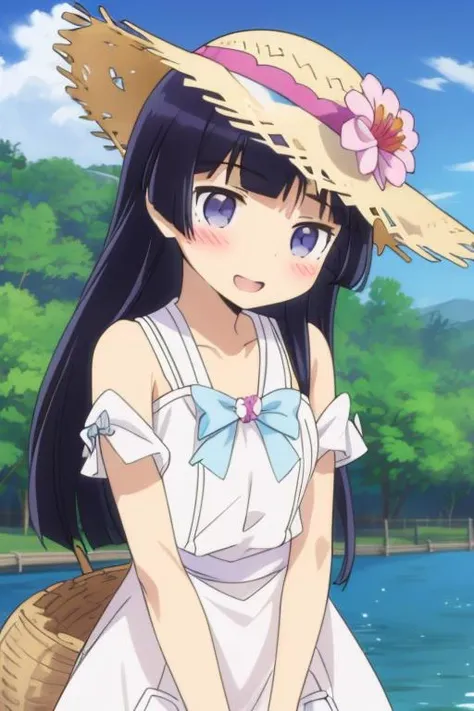 masterpiece, best quality, highres,1girl,<lora:Oreimo_gokou ruri:0.7>,gokou ruri,big straw hat,blush,white summer derss, shy pose,dynamic angle,sunshine,cloud,river,;d,<lora:GoodHands-vanilla:0.8> <lora:anmnr01:0.3> <lora:add_detail:0.5>