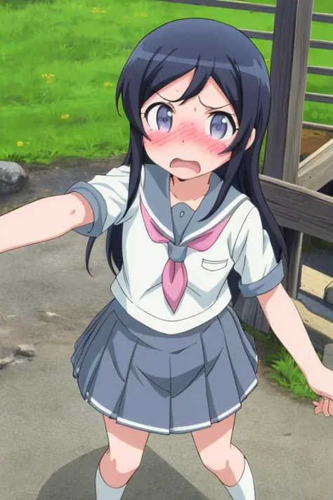 masterpiece, best quality, absurdres, high detail,<lora:GoodHands-vanilla:0.8> <lora:anmnr01:0.3> <lora:add_detail:0.5>, 1girl,outdoor ,from above,<lora:Oreimo_aragaki ayase:0.7>,Oreimo_aragaki ayase,summer sailor uniform,child park,full-face blush, panicking,open mouth,looking at viewer,(attacking viewer:1.3),impact effect