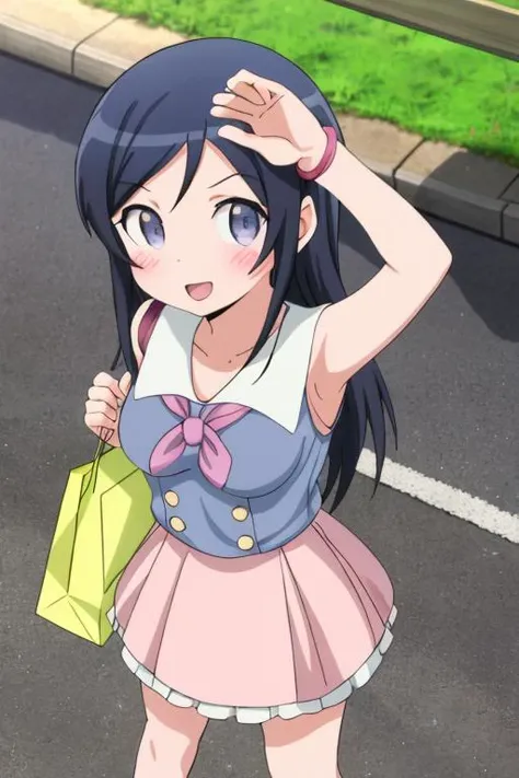 masterpiece, best quality, absurdres, high detail,<lora:GoodHands-vanilla:0.8> <lora:anmnr01:0.3> <lora:add_detail:0.5>, 1girl,outdoor ,normal breasts,from above,<lora:Oreimo_aragaki ayase:0.7>,Oreimo_aragaki ayase,(summer onepiece ,shopping mall,happy,looking at viewer,stylish pose)