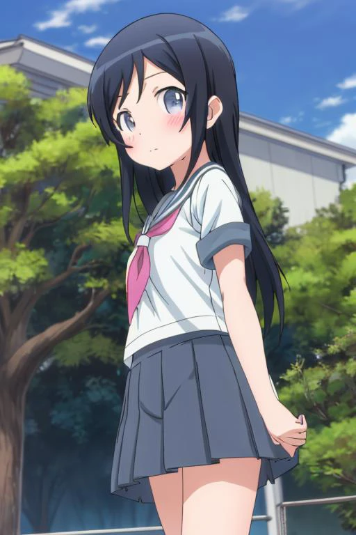 masterpiece, best quality, absurdres, high detail,<lora:GoodHands-vanilla:0.8> <lora:anmnr01:0.3> <lora:add_detail:0.5>, 1girl,outdoor <lora:Oreimo_aragaki ayase:0.7>,Oreimo_aragaki ayase,summer sailor uniform, park,blush,stylish angle