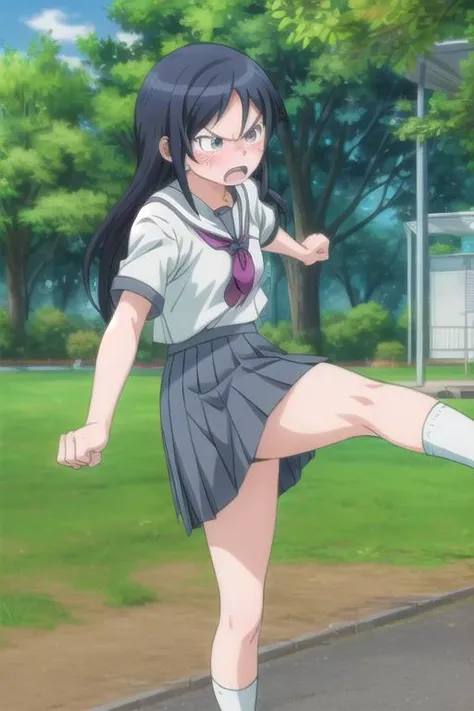 ultra-detailed,masterpiece,best quality,girl,karatekick.outdoor,park rest area,socks,speed effect,inpact effect,aragaki ayase,pumps,@ @,blush,angry,school uniform, <lora:add_detail:1> <lora:Oreimo_aragaki ayase:0.7> <lora:HighKick:0.6>