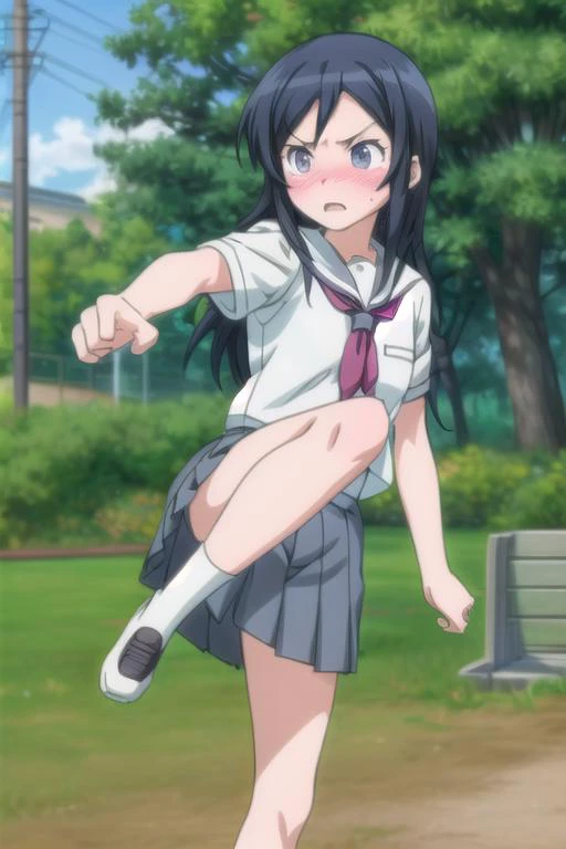 ultra-detailed,masterpiece,best quality,girl,karatekick.outdoor,park rest area,socks,motion blur,speed-lines, Burning-Edge,aragaki ayase,pumps,@ @,blush,shy,facing viewer,close up,school uniform, <lora:add_detail:1> <lora:Oreimo_aragaki ayase:0.7> <lora:HighKick:0.6>