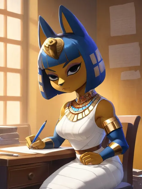 Ankha, Animal Crossing <lora:ankha_v0.0.1:1>, muscular, strong, bandages, white dress, Seated at a writing desk, she pens a heartfelt letter, her expression a mix of nostalgia and longing, dramatic lighting, detailed background, masterpiece, best quality, high quality, absurdres, award-winning, professional, highly detailed