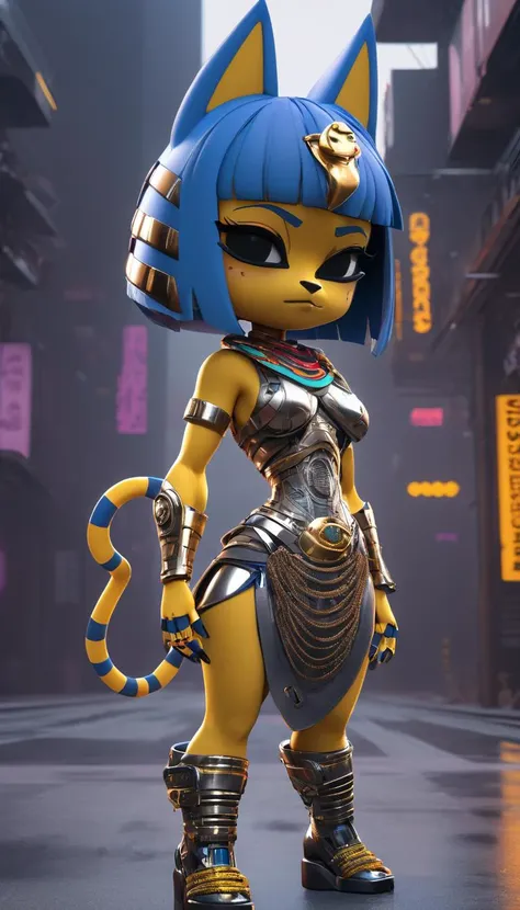 professional 3d model Ankha, Animal Crossing, tail, (reimagined in a cyberpunk universe), (cyberpunk style), (cyberpunk outfit), punk hair, augmentation, (cyberpunk), cybernetics, cinematic scene, hero view, action pose, beautiful 8k, detailed background, masterpiece, best quality, high quality, absurdres, vivid  <lora:ankha_v0.0.1:1> . octane render, highly detailed, volumetric, dramatic lighting