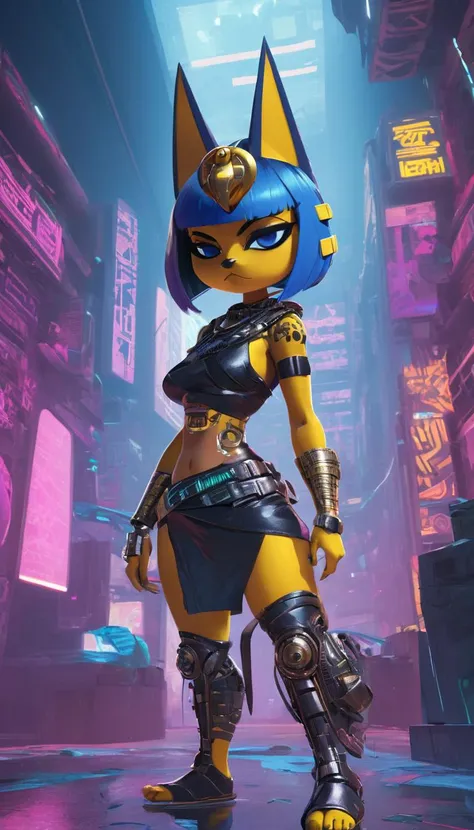 concept art Ankha, Animal Crossing, tail, reimagined in a cyberpunk universe, cyberpunk style, cyberpunk outfit, punk hair, augmentation, cyberpunk, cybernetics, cinematic scene, hero view, action pose, beautiful 8k, detailed background, masterpiece, best quality, high quality, absurdres, vivid <lora:ankha_v0.0.1:1> . digital artwork, illustrative, painterly, matte painting, highly detailed