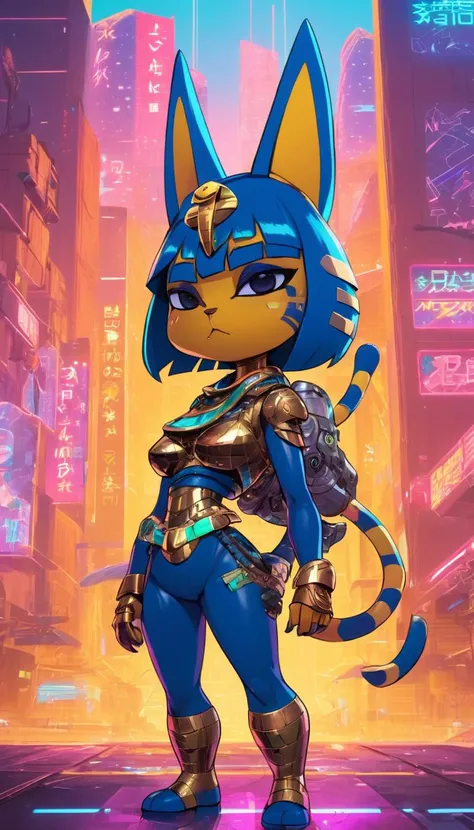 anime artwork Ankha, Animal Crossing, reimagined in a cyberpunk universe, cyberpunk style, augmentation, cyberpunk, cybernetics, cinematic scene, hero view, action pose, beautiful 8k, detailed background, masterpiece, best quality, high quality, absurdres, vivid <lora:ankha_v0.0.1:1> . anime style, key visual, vibrant, studio anime, highly detailed