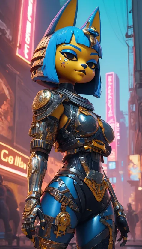 Ankha, Animal Crossing, tail, (reimagined in a cyberpunk universe), (cyberpunk style), (cyberpunk outfit), (punk hair), augmentation, (cyberpunk), cybernetics, cinematic scene, hero view, action pose, beautiful 8k, detailed background, masterpiece, best quality, high quality, absurdres, vivid  <lora:ankha_v0.0.1:1>, (Extremely Detailed Oil Painting:1.2), glow effects, godrays, Hand drawn, render, 8k, octane render, cinema 4d, blender, dark, atmospheric 4k ultra detailed, cinematic sensual, Sharp focus, humorous illustration, big depth of field, Masterpiece, colors, 3d octane render, 4k, concept art, trending on artstation, hyperrealistic, Vivid colors, extremely detailed CG unity 8k wallpaper, trending on ArtStation, trending on CGSociety, Intricate, High Detail, dramatic, absurdes