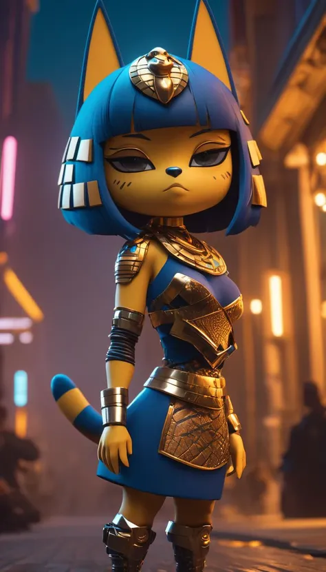 cinematic film still Ankha, Animal Crossing, tail, reimagined in a cyberpunk universe, cyberpunk style, cyberpunk outfit, punk hair, augmentation, cyberpunk, cybernetics, cinematic scene, hero view, action pose, beautiful 8k, detailed background, masterpiece, best quality, high quality, absurdres, vivid <lora:ankha_v0.0.1:1> . shallow depth of field, vignette, highly detailed, high budget Hollywood movie, bokeh, cinemascope, moody, epic, gorgeous, film grain, grainy