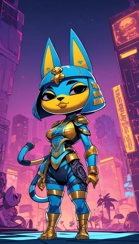 comic Ankha, Animal Crossing, reimagined in a cyberpunk universe, cyberpunk style, augmentation, cyberpunk, cybernetics, cinematic scene, hero view, action pose, beautiful 8k, detailed background, masterpiece, best quality, high quality, absurdres, vivid <lora:ankha_v0.0.1:1> . graphic illustration, comic art, graphic novel art, vibrant, highly detailed