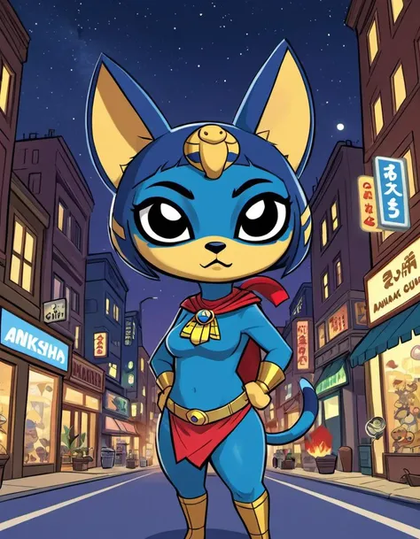 <lora:sdxl_lora:.8> Ankha. Animal Crossing as a comicbook superhero, city streets, night