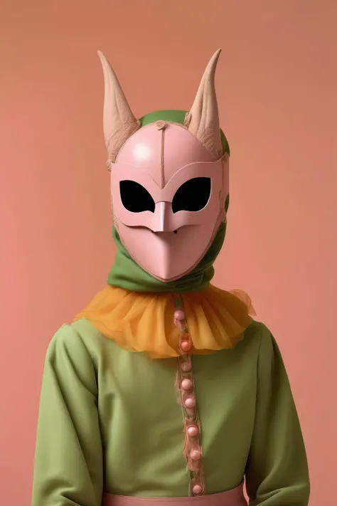 <lora:Sacha Goldberger Style:1>Sacha Goldberger Style - Groovy portrait wearing streetwear renaissance and random mask made out of Bats, surrounded by renaissance kingdom, smooth, minimalistic design by dieter rams, retro futurism, lovely combination of pastel analogous colors, green, orange and pink, yellow background, photographed by Romina Ressia, film still from wes Anderson, medium shot fashion, award winning photography, arty pose, fashion, diaphanous layered ultra haute couture, spectacular