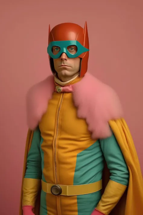 <lora:Sacha Goldberger Style:1>Sacha Goldberger Style - 80's superhero in the style of wes anderson