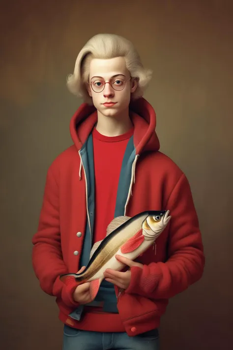 <lora:Sacha Goldberger Style:1>Sacha Goldberger Style - A photorealistic image of a young Wolfgang Amadeus Mozart as a hipster, wearing a modern red hoodie and jeans, holding a fish, posing, a modern student flat in the background, photographed with a 35mm camera lens, realistic