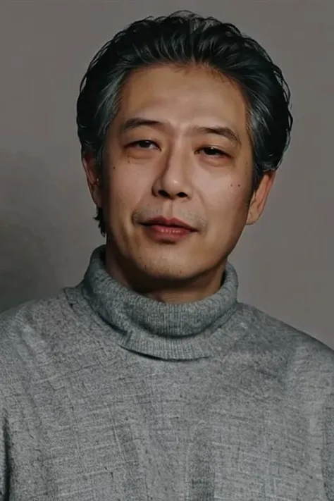 best quality, masterpiece, Asian men,mole, solo, lips, grey_background, mole_under_eye, realistic, upper_body, looking_at_viewer, black_hair, brown_eyes, sweater, forehead, nose, turtleneck, old man, 70 yeas old, <lora:wenxingyu:0.8>