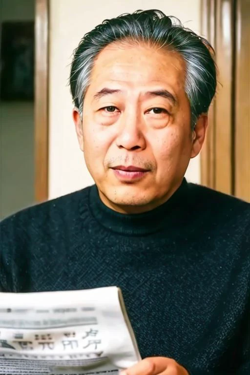best quality, masterpiece,  Asian men,mole, solo, lips, grey_background, mole_under_eye, realistic, upper_body, looking_at_viewer, black_hair, brown_eyes, sweater, forehead, nose, turtleneck, old man, 70 yeas old, Reading the newspaper in the cafe, <lora:wenxingyu:0.8>