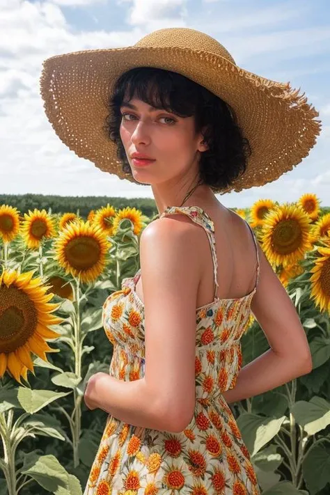 DEN_rocketbabey_OF,
(walking through a field of sunflowers wearing a (summer dress:1.3) and sun hat, field, sunflowers, summer, scenic:1.2),
bokeh, f1.4, 40mm, photorealistic, raw, 8k, textured skin, skin pores, intricate details  <lora:epi_noiseoffset2:1>, epiCRealism <lora:ClothingAdjuster3:-1.3>