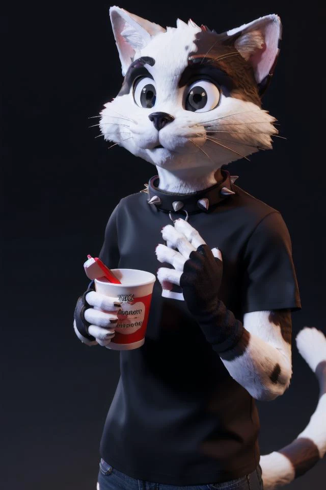 <lora:temptation cat:0.85>, temptation cat, anthro, collar, solo, fur, spiked collar, hi res, holding object, 3d \(artwork\), black nose, multicolored body, fingerless gloves, topwear, multicolored fur, beverage, gloves, shirt, clothing, clothed, drinking, absurd res