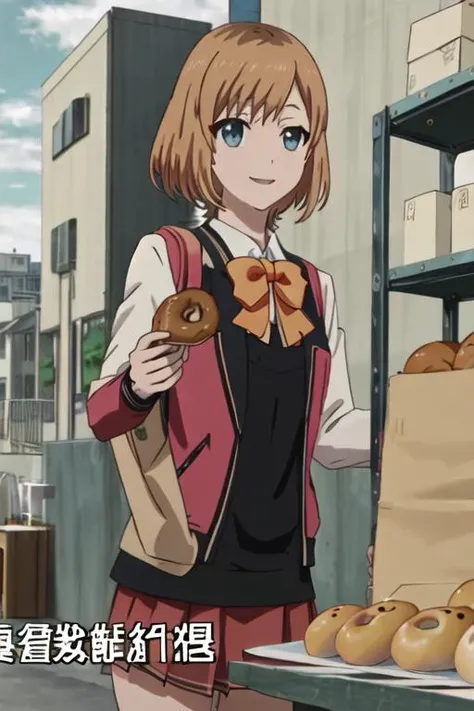 best quality, masterpiece, highres, solo, {miyamori_aoi_shirobako:1.15}, short_hair, brown_hair, blue_eyes, 1girl, bow, doughnut, food, parody, school_uniform, bread, smile