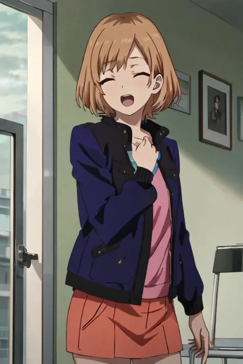 best quality, masterpiece, highres, solo, {miyamori_aoi_shirobako:1.15}, short_hair, brown_hair, blue_eyes, 1girl, indoors, jacket, open_mouth, closed_eyes