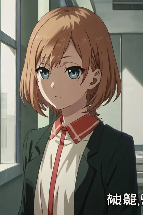 best quality, masterpiece, highres, solo, {miyamori_aoi_shirobako:1.15}, short_hair, brown_hair, blue_eyes, 1girl, bangs, green_eyes, shirt, indoors, looking_at_viewer, closed_mouth, anime_coloring, jacket, upper_body