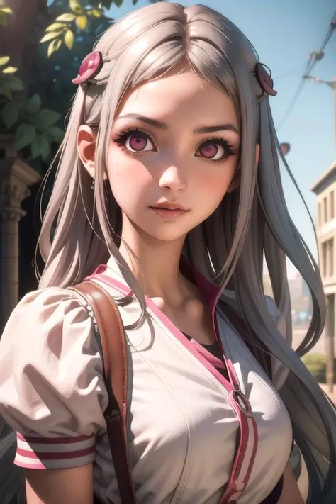 masterpiece, best quality, photorealistic, 1girl, solo, looking at viewer, , depth of field, , realistic, <lora:nene_yashiro:0.74>, nene_yashiro, grey hair, pink eyes, long hair, , dieselpunk, High resolution