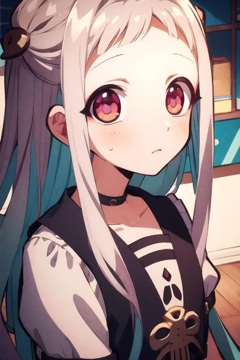 masterpiece, best quality, , 1girl, solo, looking at viewer, upper body, depth of field, , , <lora:nene_yashiro:0.68>, nene_yashiro, grey hair, pink eyes, long hair, , aztec, Blu-ray