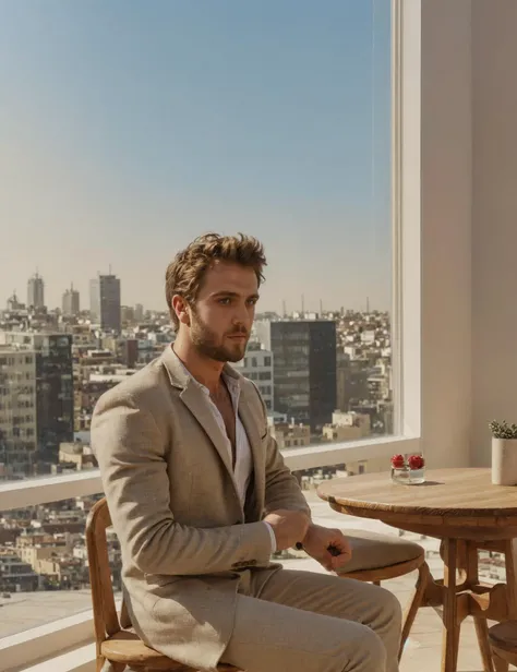 best quality, masterpiece, grainy,detail, analog, leica, undershot, low shutter speed, super realistic, contrast, imperfect, soft light, dry skin, high definiton photo, photograph, hd, 4k, 8k, film grain, a man sitting on a stool, aras_bulut_iynemli , standing, looking at viewer, handsome face, manly, face of aras_bulut_iynemli , blond, <lora:aras_bulut_iynemli:0.75>, office, cluttered, skyscraper windows, action, violent, wind, erotic