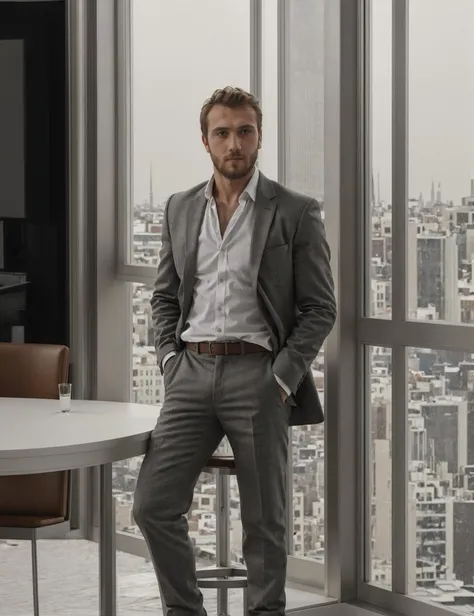 best quality, masterpiece, grainy,detail, analog, leica, undershot, low shutter speed, super realistic, contrast, imperfect, soft light, dry skin, high definiton photo, photograph, hd, 4k, 8k, film grain, a man sitting on a stool, aras_bulut_iynemli , standing, looking at viewer, handsome face, manly, face of aras_bulut_iynemli, <lora:aras_bulut_iynemli:0.6>, office, cluttered, skyscraper windows, action, violent, wind, erotic