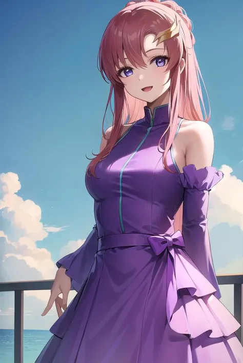 lacusclyne, <lora:lacusclyne-lora-nochekaiser:1>,
lacus clyne, (purple eyes:1.1), hair ornament, long hair, wave hair ornament, pink hair, smile, open mouth,
BREAK dress, long dress, long sleeves, white sleeves, frills frilled skirt, frilled sleeves, detached sleeves, bare shoulders, purple skirt, purple frills,
BREAK looking at viewer, (cowboy shot:1.5),
BREAK outdoors, space, star \(sky\), sun,
BREAK <lyco:GoodHands-beta2:1>, (masterpiece:1.2), best quality, high resolution, unity 8k wallpaper, (illustration:0.8), (beautiful detailed eyes:1.6), extremely detailed face, perfect lighting, extremely detailed CG, (perfect hands, perfect anatomy),