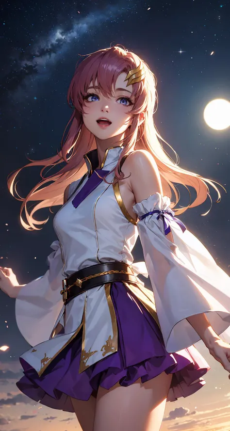 lacusclyne,lacus clyne,(purple eyes:1.1),hair ornament,long hair,wave hair ornament,pink hair,smile,open mouth BREAK dress,long dress,white dress,long sleeves,white sleeves,frills frilled skirt,frilled sleeves,detached sleeves,bare shoulders,purple skirt,purple frills BREAK looking at viewer,(cowboy shot:1.5) BREAK outdoors,space,star \(sky\),sun BREAK (masterpiece:1.2),best quality,high resolution,unity 8k wallpaper,(illustration:0.8),(beautiful detailed eyes:1.6),extremely detailed face,perfect lighting,extremely detailed CG,(perfect hands, perfect anatomy),<lora:lacusclyne-lora-nochekaiser:1>,