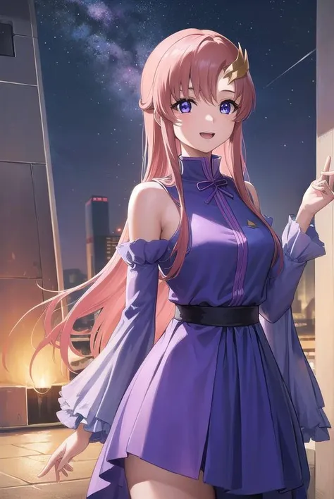 lacusclyne, <lora:lacusclyne-lora-nochekaiser:1>,
lacus clyne, (purple eyes:1.1), hair ornament, long hair, wave hair ornament, pink hair, smile, open mouth,
BREAK dress, long dress, long sleeves, white sleeves, frills frilled skirt, frilled sleeves, detached sleeves, bare shoulders, purple skirt, purple frills,
BREAK looking at viewer, (cowboy shot:1.5),
BREAK outdoors, space, star \(sky\), sun,
BREAK <lyco:GoodHands-beta2:1>, (masterpiece:1.2), best quality, high resolution, unity 8k wallpaper, (illustration:0.8), (beautiful detailed eyes:1.6), extremely detailed face, perfect lighting, extremely detailed CG, (perfect hands, perfect anatomy),