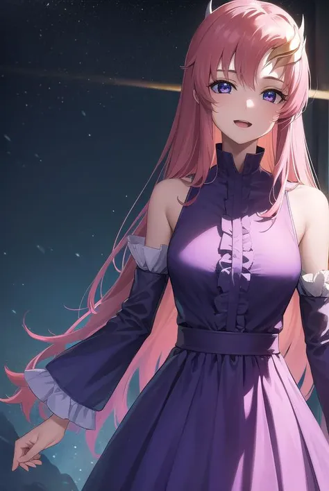 lacusclyne, <lora:lacusclyne-lora-nochekaiser:1>,
lacus clyne, (purple eyes:1.1), hair ornament, long hair, wave hair ornament, pink hair, smile, open mouth,
BREAK dress, long dress, long sleeves, white sleeves, frills frilled skirt, frilled sleeves, detached sleeves, bare shoulders, purple skirt, purple frills,
BREAK looking at viewer, (cowboy shot:1.5),
BREAK outdoors, space, star \(sky\), sun,
BREAK <lyco:GoodHands-beta2:1>, (masterpiece:1.2), best quality, high resolution, unity 8k wallpaper, (illustration:0.8), (beautiful detailed eyes:1.6), extremely detailed face, perfect lighting, extremely detailed CG, (perfect hands, perfect anatomy),