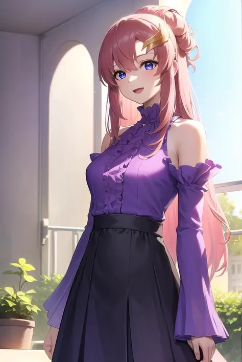 lacusclyne, <lora:lacusclyne-lora-nochekaiser:1>,
lacus clyne, (purple eyes:1.1), hair ornament, long hair, wave hair ornament, pink hair, smile, open mouth,
BREAK dress, long dress, long sleeves, white sleeves, frills frilled skirt, frilled sleeves, detached sleeves, bare shoulders, purple skirt, purple frills,
BREAK looking at viewer, (cowboy shot:1.5),
BREAK outdoors, space, star \(sky\), sun, 
BREAK <lyco:GoodHands-beta2:1>, (masterpiece:1.2), best quality, high resolution, unity 8k wallpaper, (illustration:0.8), (beautiful detailed eyes:1.6), extremely detailed face, perfect lighting, extremely detailed CG, (perfect hands, perfect anatomy),