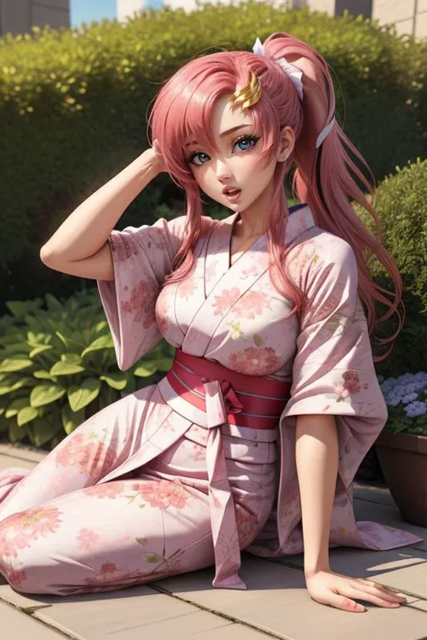 masterpiece, best quality, highres, 1girl lacus clyne blue eyes pink hair, straight hair, <lora:lacus_clyne:1> japanese clothes black kimono detached sleeves, sitting on chair