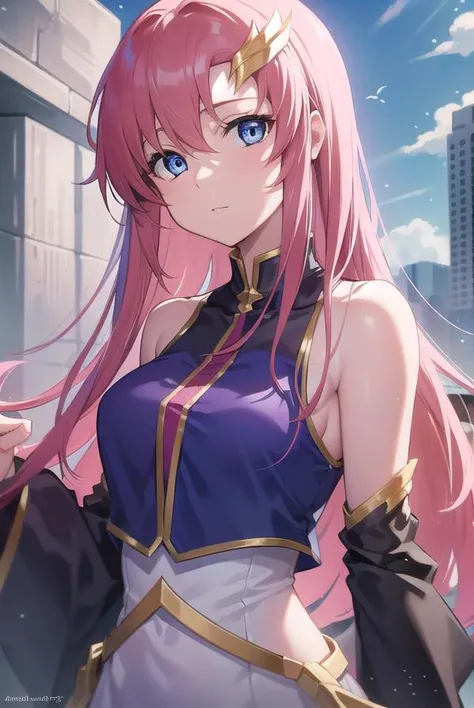 lacusclyne, <lora:lacusclyne:1>, lacus clyne, blue eyes, hair ornament, long hair, wave hair ornament, pink hair,
BREAK bare shoulders, detached sleeves, dress, groin outline, high collar, pelvic curtain, pinching sleeves, tareme, thighs, wave hair ornament, white dress, white sleeves
BREAK outdoors, city,
BREAK looking at viewer, BREAK <lora:GoodHands-vanilla:1>, (masterpiece:1.2), best quality, high resolution, unity 8k wallpaper, (illustration:0.8), (beautiful detailed eyes:1.6), extremely detailed face, perfect lighting, extremely detailed CG, (perfect hands, perfect anatomy),