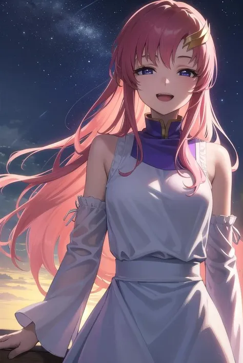 (masterpiece:1.3), (best quality:1.1), (8k, ultra detailed, ultra high res:1.2), ((anime style)), perfect 5 fingers, perfect anatomy, 
1girl,
BREAK long hair, wavy hair, pink hair, purple eyes,  
BREAK(white Turtle Neck, purple skirt, detached sleeves, shoulder hole tops), 
BREAK looking at viewer, smile, standing, 
(cowboy shot1.2), (detailed background:1.2), (outdoor, outside, space, sun, star, moon, the cosmos, galaxy:1.2), 