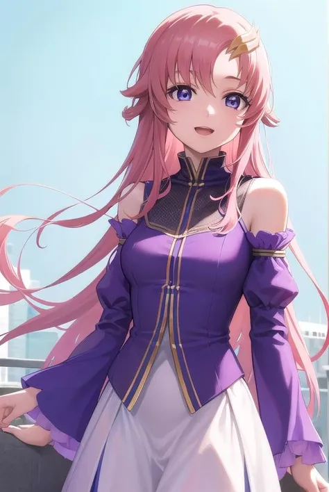 masterpiece, best quality, highres, anime, lacus1, 1girl, solo, lacus1, 1girl, solo, pink hair, straight hair, hair ornament, white detached sleeves, blue eyes, white dress, purple skirt, long skirt, very long hair, bare shoulders, large breasts, bench, smile, sitting, waving, open mouth