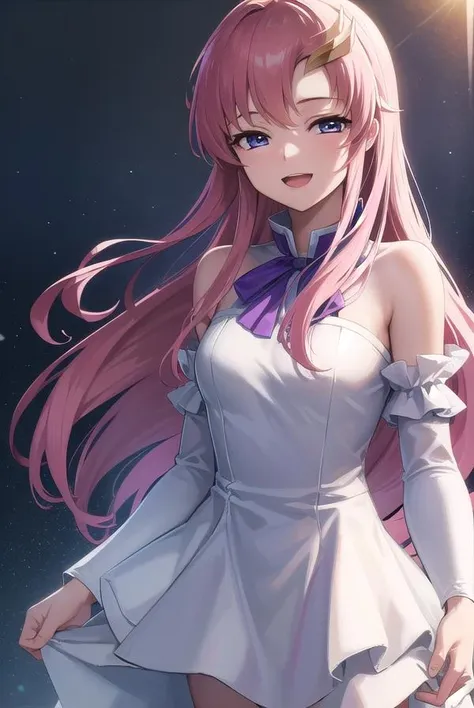 lacusclyne, <lora:lacusclyne-lora-nochekaiser:1>,
lacus clyne, (purple eyes:1.1), hair ornament, long hair, wave hair ornament, pink hair, <lora:nikkori_v200:1>, smile, open mouth,
BREAK dress, long dress, white dress, long sleeves, white sleeves, frills frilled skirt, frilled sleeves, detached sleeves, bare shoulders, purple skirt, purple frills,
BREAK looking at viewer, (cowboy shot:1.5),
BREAK outdoors, space, star \(sky\), sun, 
BREAK <lyco:GoodHands-beta2:1>, (masterpiece:1.2), best quality, high resolution, unity 8k wallpaper, (illustration:0.8), (beautiful detailed eyes:1.6), extremely detailed face, perfect lighting, extremely detailed CG, (perfect hands, perfect anatomy),