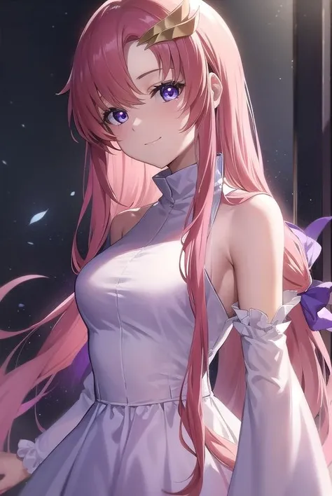best quality, masterpiece, highres, solo, {queen_medb_fgo:1.15}, pink_hair, long_hair, bangs, yellow_eyes, smile, tiara, breasts, blush, medium_breasts, 1girl, bare_shoulders, dress, looking_at_viewer, open_mouth, sleeveless, white_dress, :d, sleeveless_dress, very_long_hair, hairband, pink_background