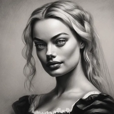 black and white renaissance Portrait of Margot Robbie <lora:Renaissance_style:0.7>